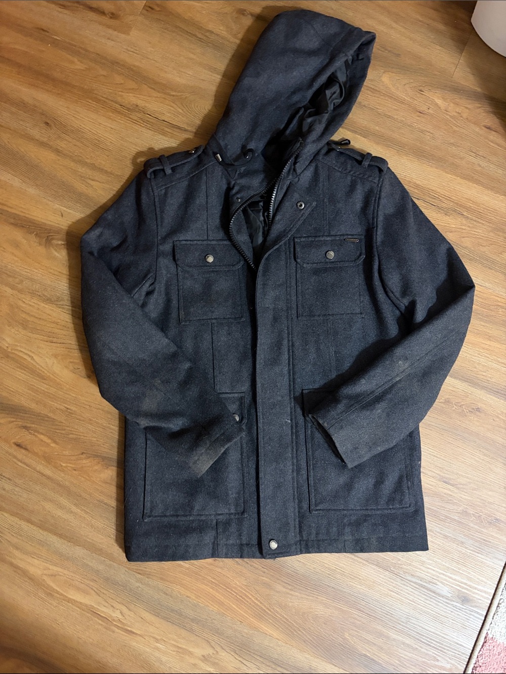 attention Black Hooded Military-Style Field Coat